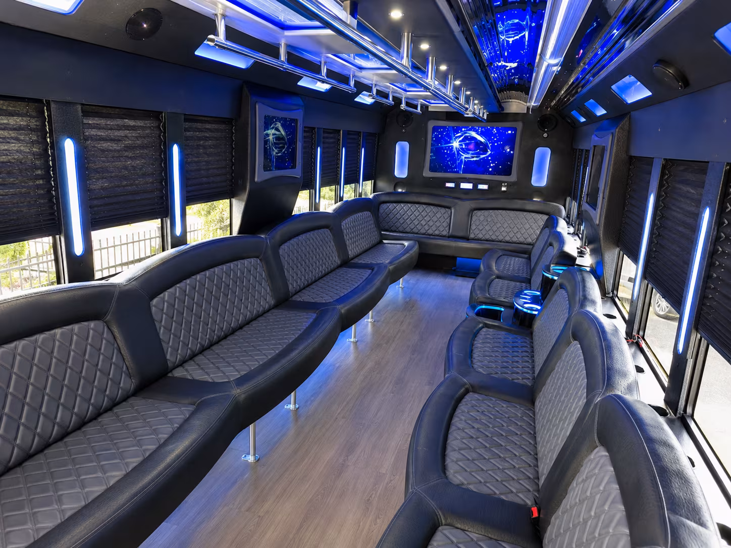 Passenger seating aboard a party bus rental serving Atlanta