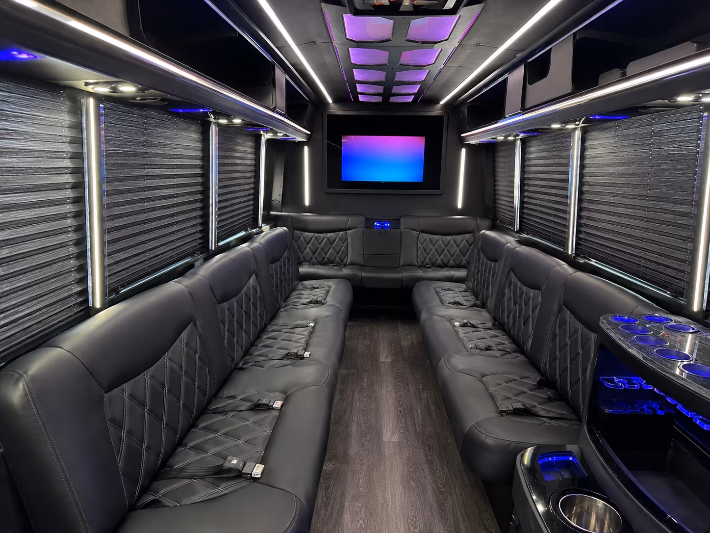 Interior of a party bus rental serving Atlanta